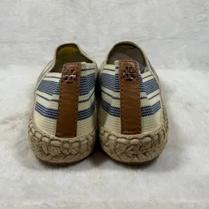Tory Burch Striped Canvas Espadrille Flats Cream Blue Brown Slip On Shoes 9 thumbnail 4