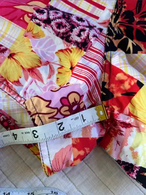 Vtg pink yellow black Hawaiian retro tropical patchwork boho 70’s board shorts L thumbnail 4