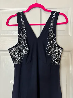 Vintage Cache Women's Evening Dress Navy Blue Maxi Beaded Chest XL Stretch Rayon thumbnail 5