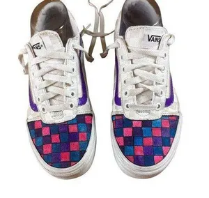 Vans Off the Wall Size 7 Checkered Design Canvas Shoes With Pink Blue Purple thumbnail 1