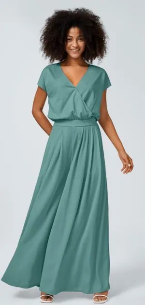 Halara M Seafoam Green Maxi Dress Crossover V-Neck Cap Sleeves Pleated Flowy Ski thumbnail 1