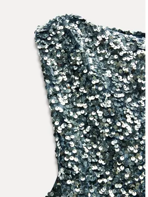 NWT ZARA SEQUINED Asymmetric MINI DRESS Navy Silver Festive Days thumbnail 10