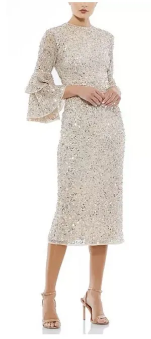 NWT Mac Duggal FULLY SEQUINED TIERED 3/4 SLEEVE MIDI Nude Size 6 thumbnail 1