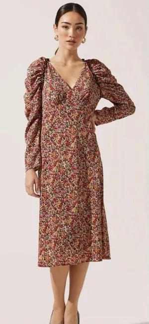 ASTR The Label Ruched Midi Dress in Black Red Floral Medium thumbnail 1