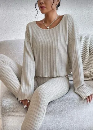 SHEIN Drop Shoulder Ribbed Knit Top & Pants Set, Khaki, Size XS, EUC thumbnail 1