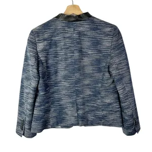 Ann‎ Taylor Navy Blue Tweed Faux Leather Blazer Jacket 8 thumbnail 2