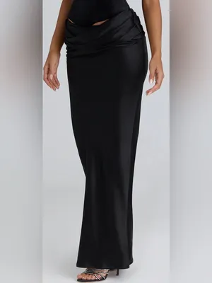 NEW HOUSE OF CB Beau Draped Black Satin Maxi Skirt Sz L thumbnail 3