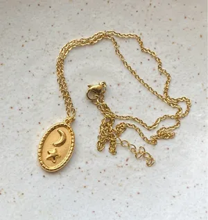 Handmade gold stainless steel celestial whimsical vintage oval moon & star necklace🌟 thumbnail 5