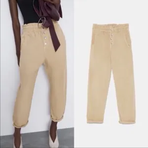 Zara Baggy Buttoned Tan Paperbag Trousers Pants Cotton Size 2 thumbnail 2