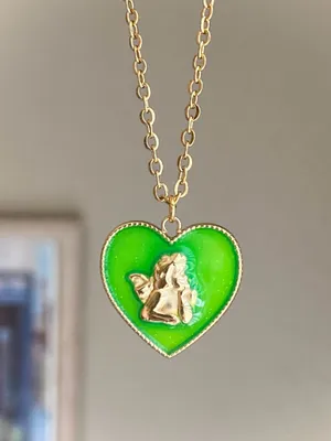 gold tone stainless steel angel cherub green heart goth cute chic antique style necklace👼💗 thumbnail 1