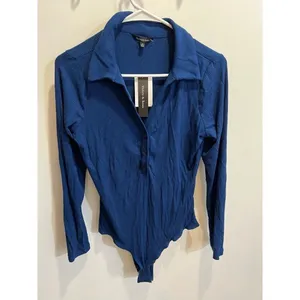 Violets & Roses NWT Women Small Blue Ribbed Knit Long Sleeve Bodysuit Fall Chic thumbnail 3