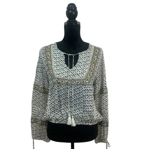 Amuse Society‎ Women's S White Floral Boho Tassel Peasant Bloomcore Blouse thumbnail 2