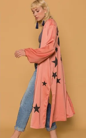 J.ING Wonder Star Print Satin Wrap Maxi Robe Duster Kimono thumbnail 1