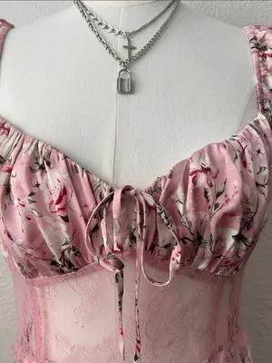 Forever 21 Size L Lace-Trim Midriff Panel Satin Floral Maxi Dress Cap Sleeves thumbnail 4