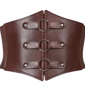 Brown snap in back wide belt with silver ring strap design thumbnail 3
