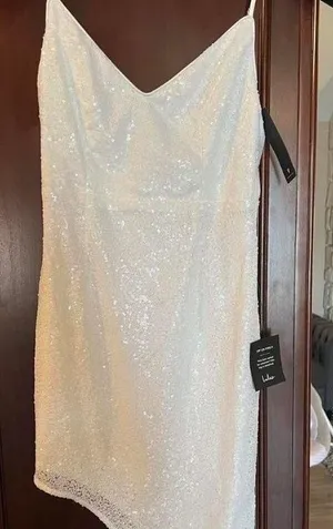lulu’s white, sequin, sparkly slit dress with adjustable straps thumbnail 1