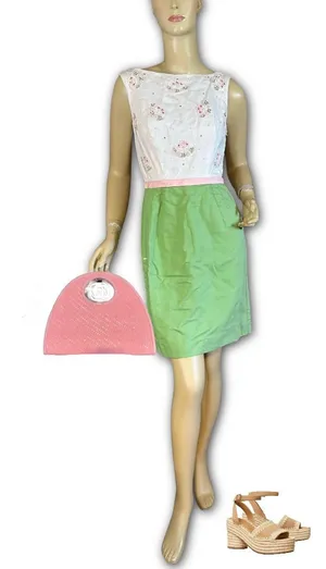 Vintage 1960'S Green, White & Pink Floral Print Sheath/Wiggle Dress (Xs) thumbnail 1