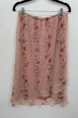 Kathie Lee Collection Y2K 90s Pink Floral Chiffon Midi Skirt Size 14 Asymmetric Hem Fairy Dainty thumbnail 1