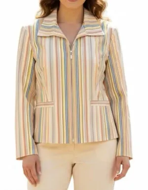 Retro 70s Striped Multicolor Zip Blazer Evan Picone Tan Yellow Orange 12 thumbnail 1