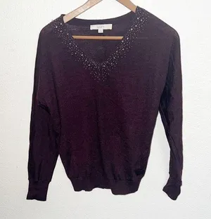 Loft Lightweight Maroon Beaded Long Sleeve Acrylic And Wool Blend V Neck Top thumbnail 1