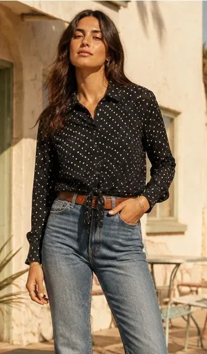 Billabong Black White Print Tie Front Button Down Cropped Blouse Large thumbnail 1