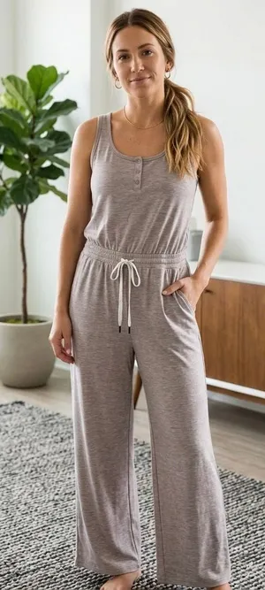 Womens large Vuori Falls wide leg sleeveless henley jumpsuit-rosemary heathered thumbnail 1