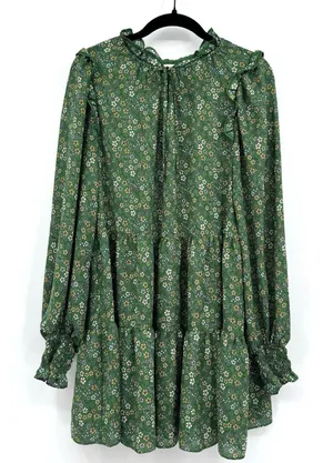Max Studio Boho Floral Ruffle Collar Ties Tiered Mini Dress Sz M Peasant Hippie thumbnail 1