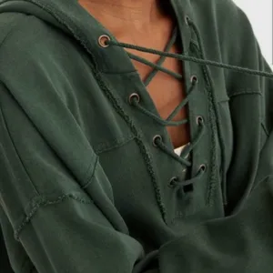 Aerie Oversized Lace Up Hoodie-Distressed Hunter Green, boxy fit. Size Medium thumbnail 9