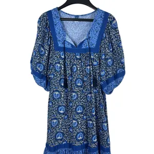 Old Navy Blue Boho Peasant Dress Women L Floral Tassel Cottagecore Festival thumbnail 2