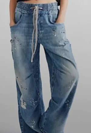 We The Free People Modern Love Jeans Paint Splatter Drawstring Size Medium Women thumbnail 1