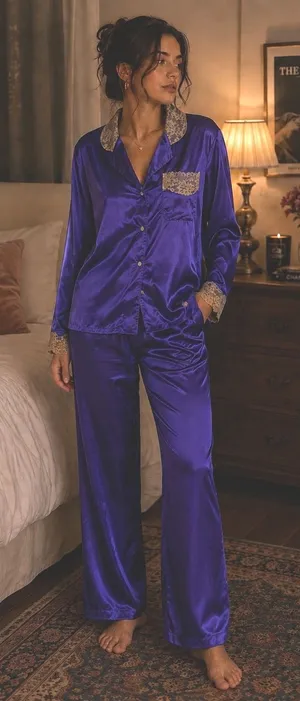 Victoria's Secret M Pajama Set Vintage Gold Label Purple Satin Lace Trim 2pc thumbnail 1
