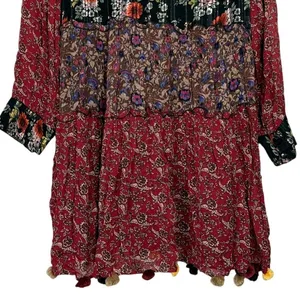 Zara Floral Patchwork Tiered Pompom Semi Sheer Peasant Mini Dress M Black Red thumbnail 8