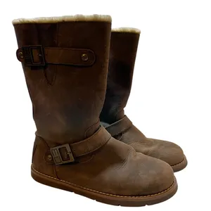 ED HARDY Brown Leather Faux Fur Lined Buckle Trim Snow Boots - Size 9 thumbnail 1