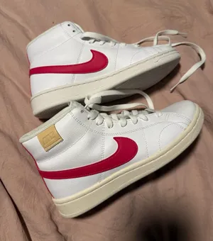 Nike White High-Top Sneakers with Pink Swoosh and Cream Sole thumbnail 1