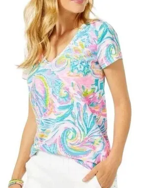 Pink Blue Etta Top Carnival Coral Womens Size Small V Neck thumbnail 1