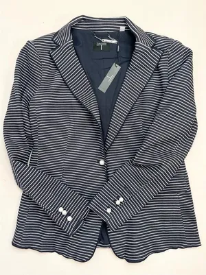 T TAHARI Blazer Size 14 Navy Striped Notched Lapel Jacket Pearl Buttons NEW thumbnail 1