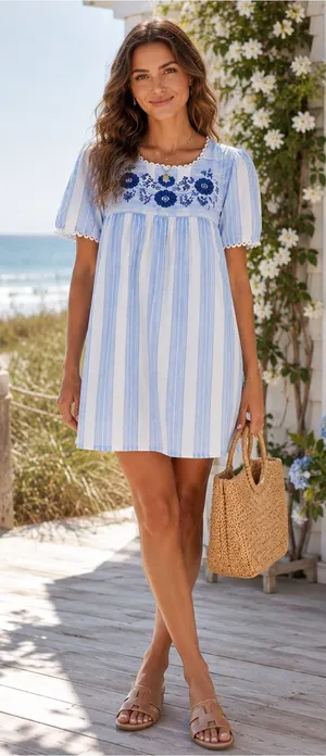 Altar'd State Light Blue & White Striped Embroidered Mini Dress 100% Cotton NWOT thumbnail 1