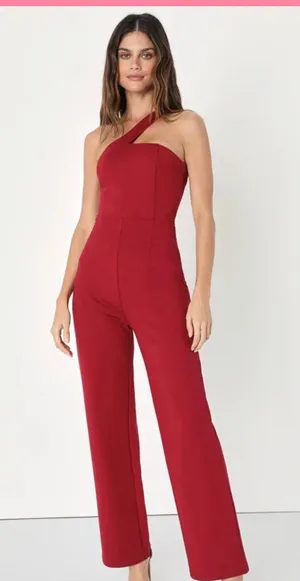 Lulus Burgundy Sleeveless One -Shoulder Jumpsuit thumbnail 1
