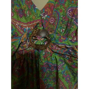 100% Cotton Paisley Mini Dress Green Boho V-Neck Wooden Ring Womens M western‎ thumbnail 2