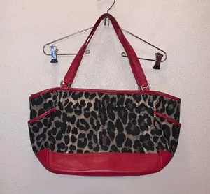 Coach Park Ocelot Leopard Print Canvas Red Leather Trim Shoulder Tote Bag thumbnail 1