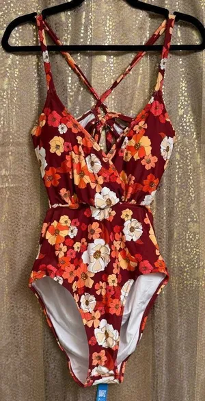 Cupshe Red Orange Floral Olivia Cut Out Tie Back‎ One Piece Swimsuit XL NWT thumbnail 1