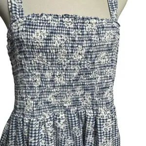 American Eagle Gingham Sundress Adjustable Straps Blue White Floral Large thumbnail 2