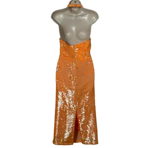 NWT Caroline Constas‎ Orange Sequin Halter Midi Dress Size S thumbnail 4