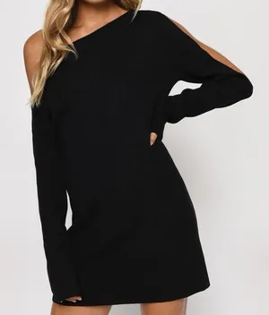 Tobi Olivia One Side Sleeve‎ Black Off Shoulder Ribbed Sweater Mini Dress thumbnail 1