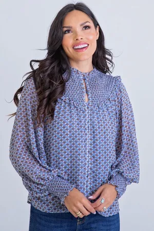 Karlie Geometric Smocked Top thumbnail 1