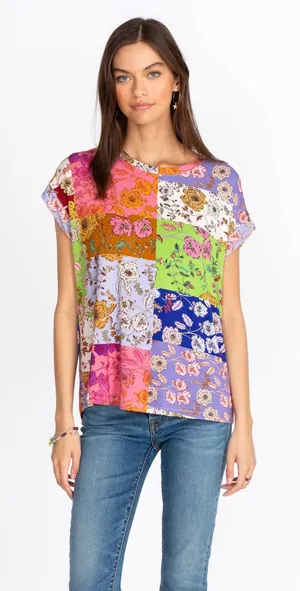 Johnny Was Patchwork Floral Bamboo‎ Viscose Top Tee Multi Color L T14022-3 thumbnail 1