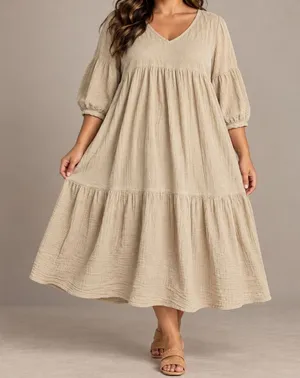 Rachel Pally Gauze Cecelia Dress XL Sand Beige Tiered Midi Balloon Sleeve V-Neck thumbnail 1