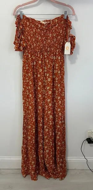 Chrysanthemum Smocked Off Shoulder Wide Leg Jumpsuit thumbnail 1