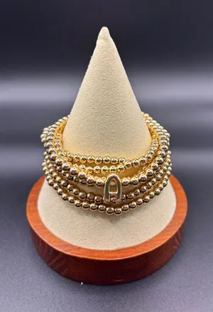 Gold Tone Beaded Stretch Bracelet Stack Set 4pc Initial A‎ Charm Polished 2232 thumbnail 1