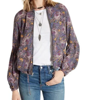 Free People Soft Printed Balloon Sleeve Jacket‎ Purple Floral OB560079 Womens M thumbnail 1